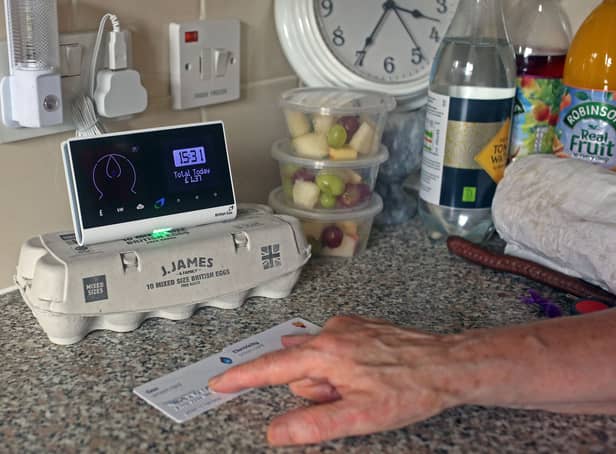 <p>Pensioner Diane Skidmore examines her smart meter in London. </p>