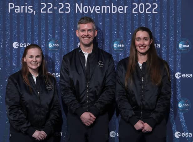 <p>Meganne Christian (L), John McFall (C), and Rosemary Coogan (R) pose during a ceremony to unveil the European Space Agency new class of career astronauts in Paris on November 23, 2022</p>