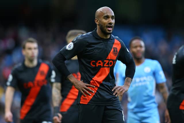 Fabian Delph of Everton looks on during the Premier League match between Manchester City  and  Everton at Etihad Stadium on November 21, 2021 in Manchester, England. (Photo by Alex Livesey/Getty Images)