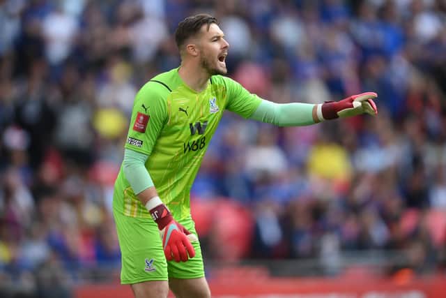 Jack Butland of Crystal Palace shouts instructions during The FA Cup Semi-Final match between Chelsea and Crystal Palace at Wembley Stadium on April 17, 2022 in London, England. (Photo by Mike Hewitt/Getty Images)