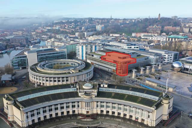 Aerial view across Harbourside showing the location of Building 11 and the scope of development (in red)