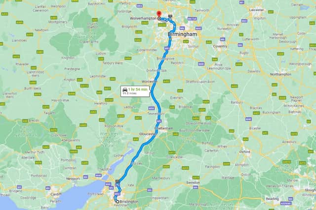 The journey from Bristol to Wolverhampton