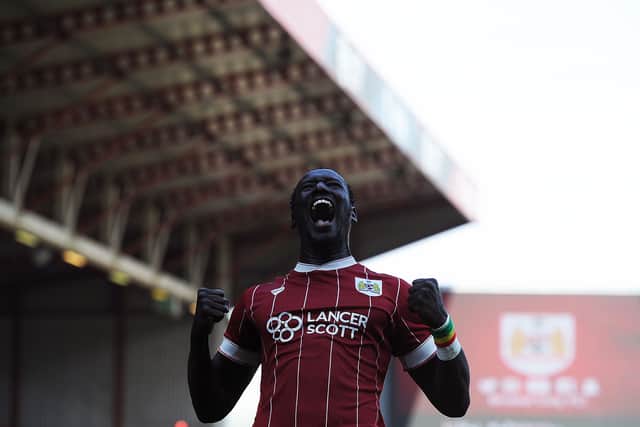 Famara Diedhiou of Bristol City celebrates as he scores his sides second goal in this goal fest