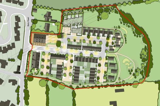 The layout shows the retail and cafe at the top left of the development. Most of the site will be taken up by the 50 homes.