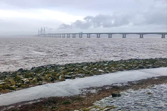 The view of the Severn Bridge from the seafront at Severn Beach