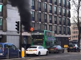 A bus caught fire earlier today outside Bristol Temple Meads Station.