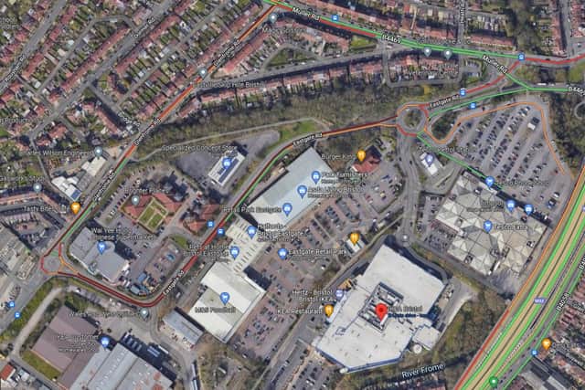 Google Traffic shows heavy traffic again this afternoon around the retail park - and the closure of Glenfrome Road