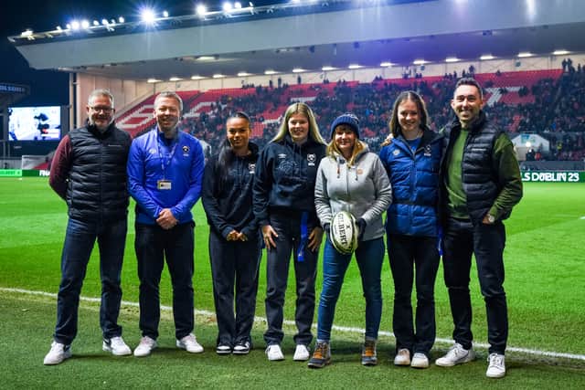  Bears stars Reneeqa Bonner, Mollie Wilkinson and Rosie Inman were on hand at Ashton Gate to help kick off the Bristol Bears Foundation Tag Rugby Tournament with (from left) Paramount Sales Director Kevin Mashford, Foundation Community Development Manager Craig Capel, Paramount Commercial Workplace Lead Carly Willis (with rugby ball) and Paramount Business Development Manager Sulli Gardner.