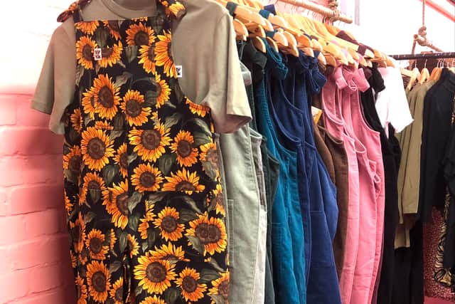 Some of the colourful dungarees on sale at Lucy & Yak