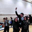Patrick McAllister celebrates being elected as councillor for the Hotwells and Harbourside ward (Photo credit: Green Party)