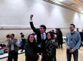 Patrick McAllister celebrates being elected as councillor for the Hotwells and Harbourside ward (Photo credit: Green Party)