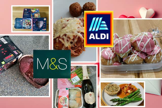 The meals out of the packaging from top centre and round; Aldi’s chicken breast parmigiana, M&S Raspberry Profiterole Stack, M&S Cheese and Leek Soufflé Tarts , Cod with Tomato, Paprika & Sherry and Asparagus Spear and finally Aldi’s Chocolate Melt in the Middle Heart