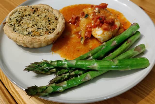Lap it up - M&S’s Cheese and Leek Soufflé Tarts with Cod with Tomato, Paprika & Sherry and Asparagus Spears