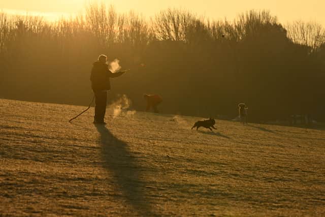 People walk and exercise their dogs off of the lead as the sun rises over the frost-covered ground (Photo by GLYN KIRK / AFP) (Photo by GLYN KIRK/AFP via Getty Images)