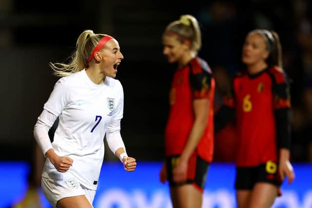 England’s Chloe Kelly celebrates after giving her side the lead. 