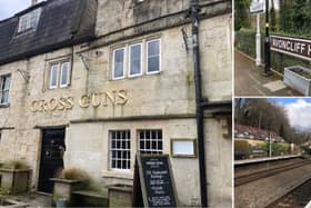 The Cross Guns at Avoncliff and the railway station with trains running to Bath and Bradford-on-Avon