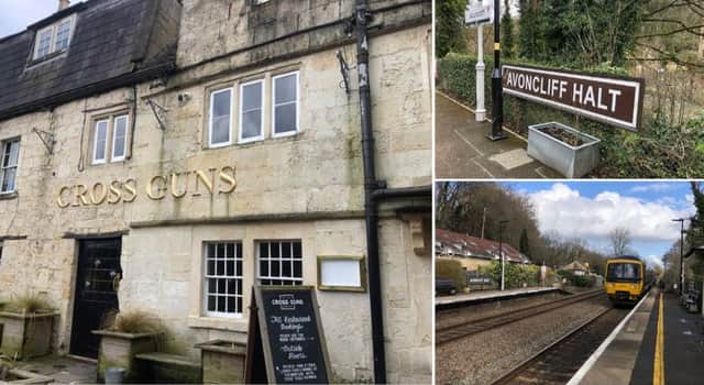 The Cross Guns at Avoncliff and the railway station with trains running to Bath and Bradford-on-Avon