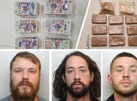 From left to right, Lee Woods, Peter Woods and Wade Gwyther with the cash seized in the car and the drugs found at the home in Hartcliffe