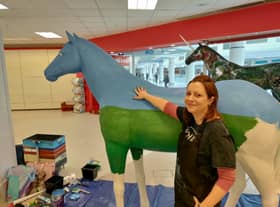 Kim Reed with the life-size unicorn she is painting in the former TK Maxx in the Galleries