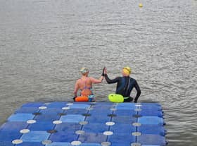 David and Karen Quartermain enjoyed a 10-minute swim at Baltic Wharf, calling the experience ‘exhilarating’ once they pulled themselves to shore