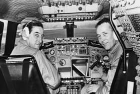 Test pilot Brian Trubshaw (left) and his co-pilot John Cochrane pictured in the cockpit of the Concorde 002 aircraft as they prepare to take off for the first time