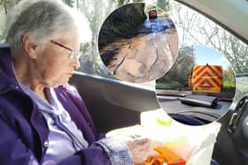 90-year-old Kath with the food delivery from a nearby kebab shop after she got stranded