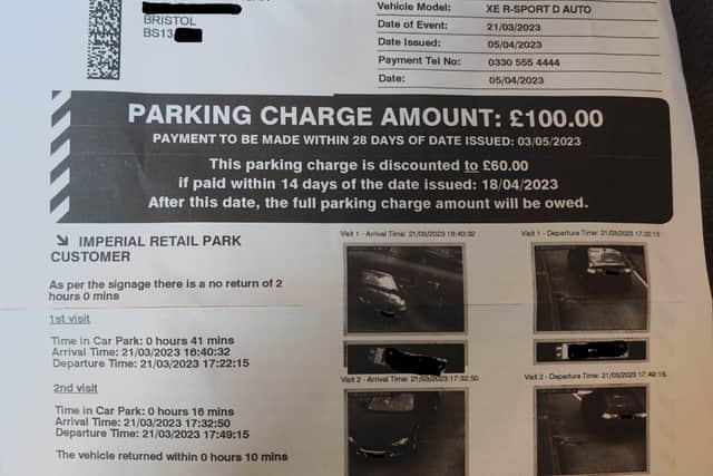 The parking fine issued to Stevie Worgan after she had returned to the car park at Imperial Retail Park 10 minutes after leaving