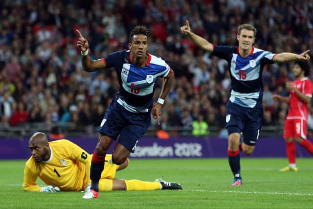 Scott Sinclair of Great Britain celebrates scoring his teams second goal during a match between Great Britain and United Arab Emirates at the London 2012 Olympic Games. (Photo by Julian Finney/Getty Images)
