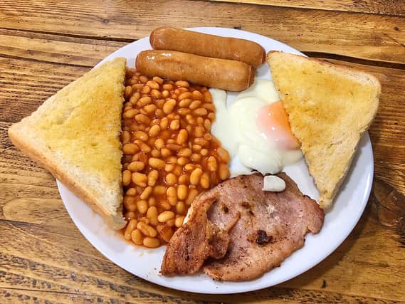 The ‘standard’ cooked breakfast at Harry’s in Fowlers motorcycle showroom on Bath Road