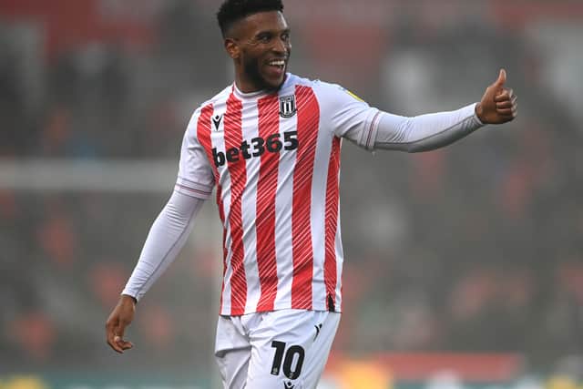 Tyrese Campbell of Stoke City puts the thumbs up to a teammate during a match