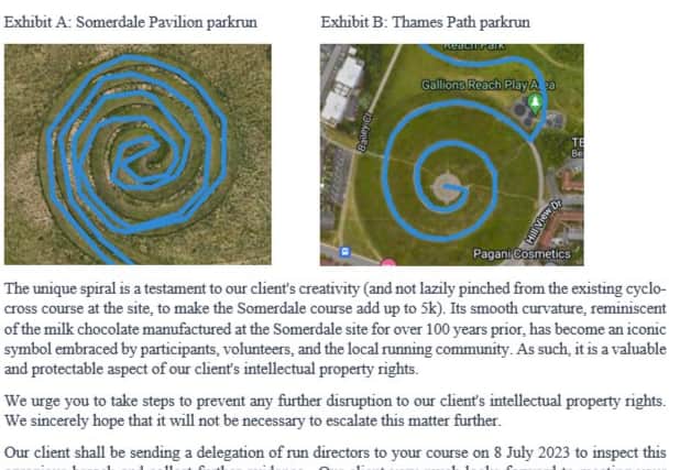 An extract of the letter sent on behalf of Somerdale Parkrun to Thames Path parkrun by Marshall Walker Parker & Runner LLP