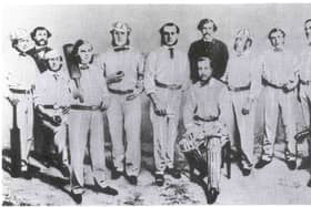 Pictured in the All England handkerchief are: H.H. Stephenson (Captain), Bennett, Roger Iddison, Charles Lawrence, Tom Hearne, W. Mudie, Tom Sewell, W. Mortlock, W. Caffyn, G. Griffith and E. Stephenson. Not depicted is the twelfth member of the party, ‘Tiny’ Wells who travelled on a different ship to Australia. Mr. W.B. Mallam in the centre was the agent and manager of the tour.