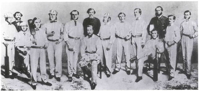 Pictured in the All England handkerchief are: H.H. Stephenson (Captain), Bennett, Roger Iddison, Charles Lawrence, Tom Hearne, W. Mudie, Tom Sewell, W. Mortlock, W. Caffyn, G. Griffith and E. Stephenson. Not depicted is the twelfth member of the party, ‘Tiny’ Wells who travelled on a different ship to Australia. Mr. W.B. Mallam in the centre was the agent and manager of the tour.