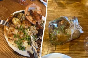 A woman was horrified after Toby Carvery gave her cling film to wrap up her leftover Sunday roast, she claims.
