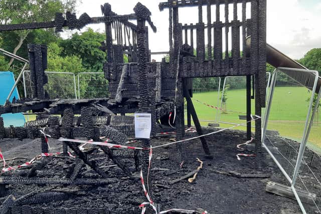 The charred remains of the playground at Meade Park in Stoke Gifford