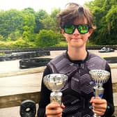 14-year-old Lauren Dunleavy with her trophies at Castle Combe race track