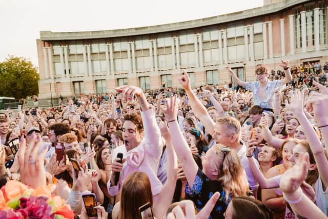 Mika delights his fans by jumping in the crowd at Bristol Sounds (Photo credit: Ania Shrimpton)