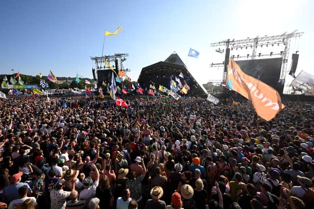 Crowds gather at the Pyramid Stage.