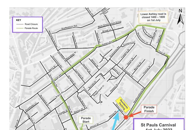 A map of the road closures that will be implemented during the weekend of St Paul’s Carnival in Bristol.
