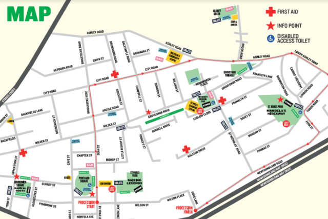 A map of the St Pauls Carnival parade route in Bristol on July 1 2023.