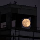 The waxing gibbous moon rises behind a building a day ahead of the July “buck supermoon”. 