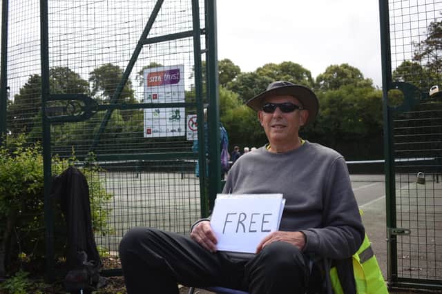 Dave Wherrett, former youth worker, protesting against planned charges to use tennis courts in Redcatch Park