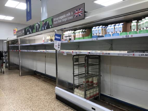 The empty milk fridges at Brislington’s Tesco Extra store 