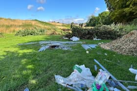 The dumped waste appears to be a mix of garden and household waste, potentially from home clearances