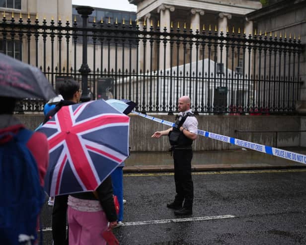 LONDON, ENGLAND - AUGUST 8: Police restrict access outside the British Museum on August 8, 2023 in London, England. The Metropolitan Police said they were called to Museum Street at 10AM after a reported stabbing. A man was subsequently taken to the hospital with a stab wound and another was arrested on suspicion of Grievous Bodily Harm. (Photo by Carl Court/Getty Images)
