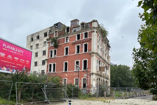 The Grosvenor Hotel was wrecked by an arson attack in October last year. Today it stands as an eyesore