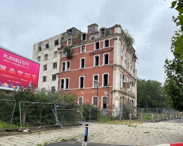 The Grosvenor Hotel was wrecked by an arson attack in October last year. Today it stands as an eyesore