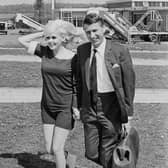 American actress and Playboy model Jayne Mansfield with friend, club owner and entrepreneur Alan Wells, at Bristol Airport in May 1967. Mr Wells ran the Webbington Hotel near Weston-super-Mare, and this luring of Mansfield to his club was big news at the time. Less than eight weeks after this picture was taken, Mansfield would die in a road crash in America.