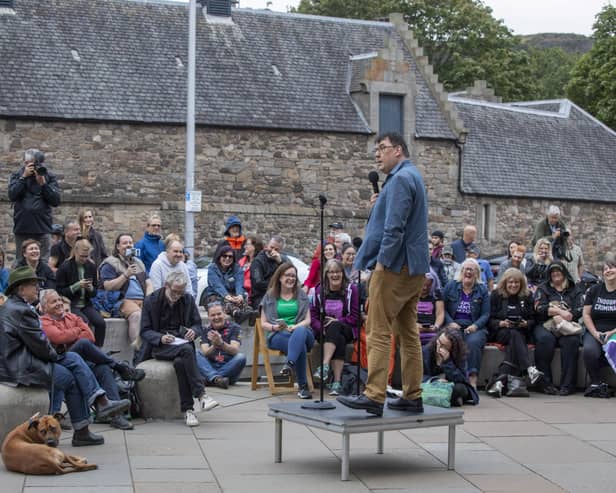 Graham Linehan performs outside Scottish Parliament days after Edinburgh Fringe cancelled Father Ted creator