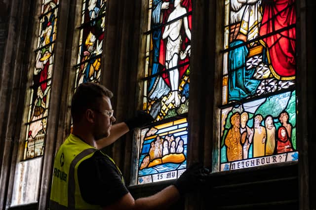 New stained glass windows are installed that have replaced a set that honoured Edward Colston at St Mary Redcliffe church